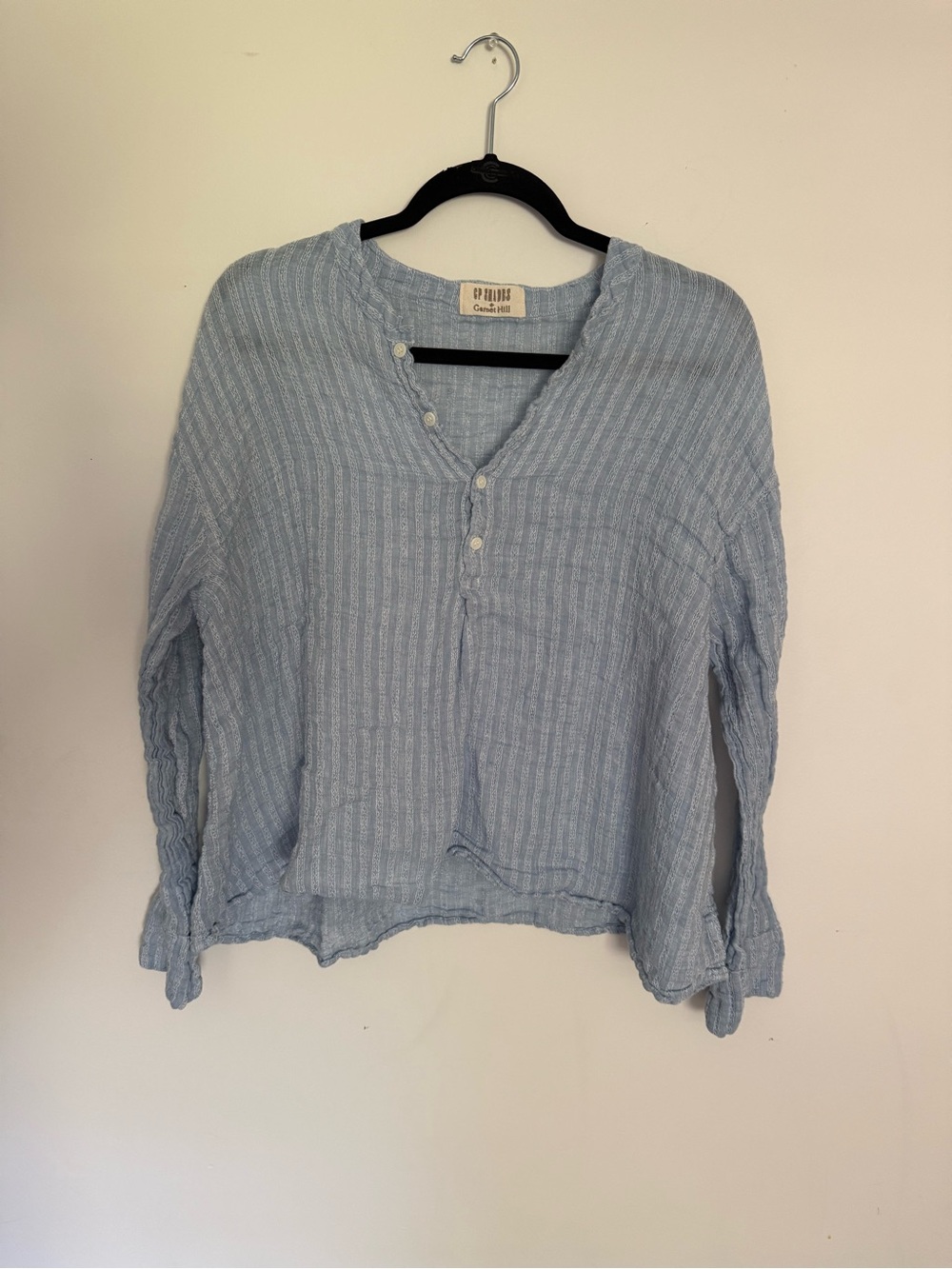 CP Shades x Garnet Hill Long Sleeve Linen Cotton Ariana Henley Top Blue White Lg